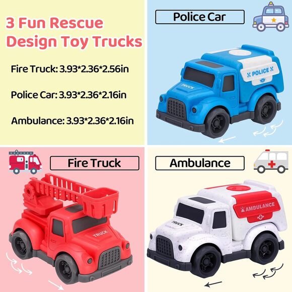 3 Pack Toddler Rescue Trucks Set Police Fire Ambulance Pvc- BPA- Phthalates Free - Picture 2 of 10